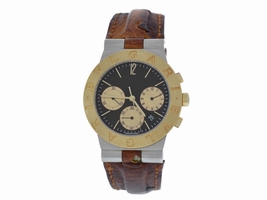 Bulgarib Bvlgari Diagono SH35SG Stainless Steel, 18K Yellow Gold Bezel & Leather 36mm Quartz Mens Bulgari