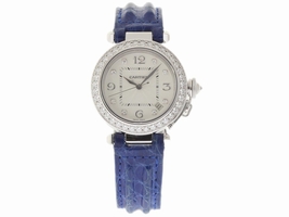 Cartier Pasha WJ1111M9 White Gold & Leather Silver Dial wDiamond Automatic 32mm Womens Cartier