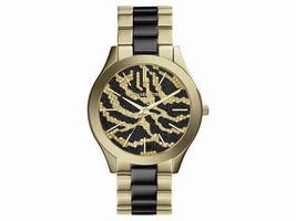 Michael Kors Slim Runway MK3315 Gold-Plated Stainless Steel With Zebra-Pattern Crystal Pave Dial Womens Michael Kors