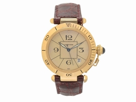 Cartier Pasha 1020 18K Yellow Gold / Leather with Beige Dial 29mm Mens Cartier