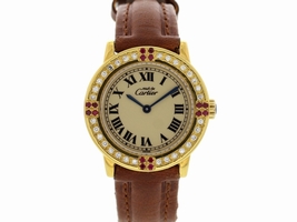Cartier Must de 1801 Argent & Leather W/ Diamonds & Rubies Quartz 27mm Womens Cartier