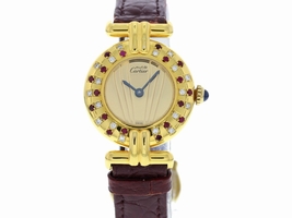 Cartier Must de 590002 Vermeil Argent & Leather with Diamonds & Rubies Quartz 24 mm Womens Cartier
