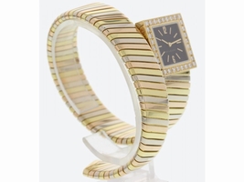 Bulgari Serpenti SQ221T 18K Tri Color Bangle w/ Diamonds 22mm Womens Bulgari