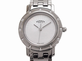 Hermes Clipper Nacre CL4 230 Stainless Steel wDiamonds Quartz Womens Hermes
