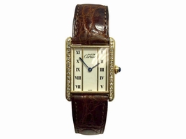 Cartier Tank Must De C124172M Gold Plated Sterling Silver & Leather wDiamonds Quartz 23.60mm Womens Cartier
