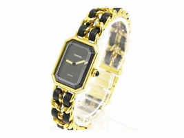 Chanel Premiere Size L Gold Plated Leather Strap Quartz Womens Chanel