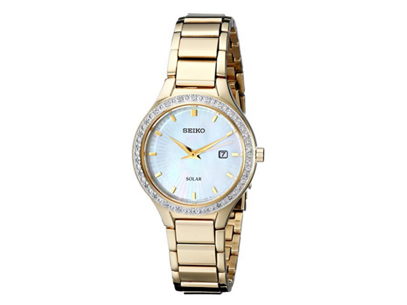Seiko SUT138 Gold Tone Stainless Steel wDiamond Mother Of Pearl Dial Quartz 29mm Womens Seiko