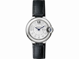 Cartier Ballon Bleu W4BB0008 Stainless Steel & Black Alligator Leather with Silver Diamond Dial 28mm Womens Cartier