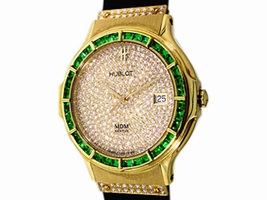 Hublot "Classic Elegance" 18K Yellow Gold Emerald & Diamond Pav Strap Hublot
