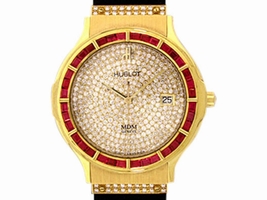 Hublot "Classic Elegance" 18K Yellow Gold Ruby & Diamond Pav Strap Hublot