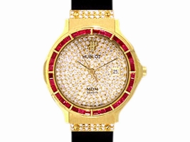 Hublot "Classic Elegance" 18K Yellow Gold Ruby & Diamond Pav Strap Hublot