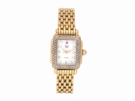 Michele Gold Plated Stainless Steel Mini Deco 0.36ct. Diamond Bezel 24mm Womens Michele