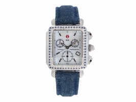 Michele Stainless Steel Deco Chronograph Diamond and Blue Sapphire 33mm Michele